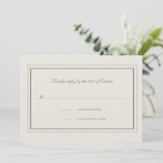 Carte Faux Cadre Embossé Ecru Réponse Mariage Formelle (Debout devant)