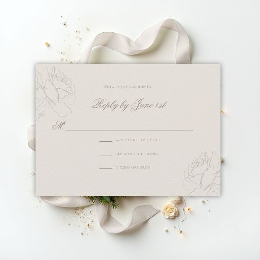 Carte Faux Embossed Roses Ecru Classic Wedding Response