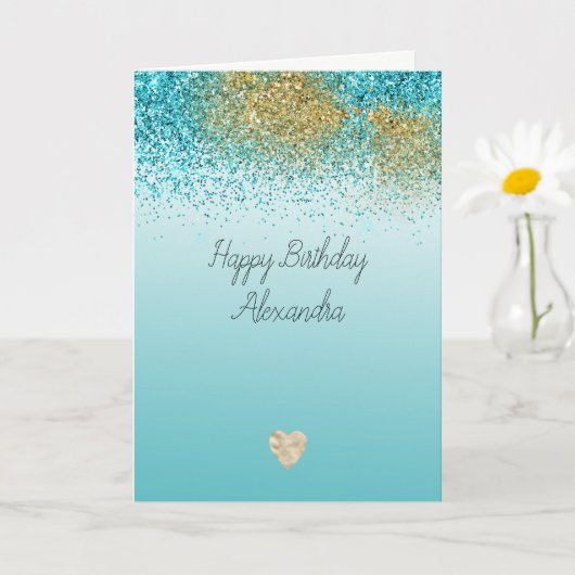 Carte Faux Paillette Or Aqua Coeur Anniversaire (Petite plante)