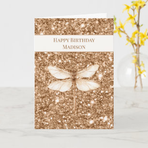 Carte Faux Paillettes Dorées Anniversaire Libellule Blan