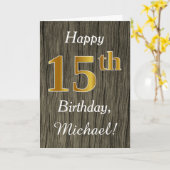 Carte Faux Wood, Faux Gold 15e anniversaire + Nom person (Fleur jaune)