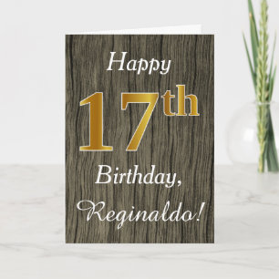 Carte Faux Wood, Faux Gold 17e anniversaire + Nom person