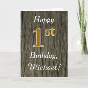Carte Faux Wood, Faux Gold 1er Anniversaire + Nom person