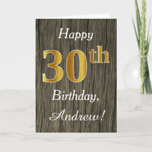 Carte Faux Wood, Faux Gold 30e anniversaire + Nom person