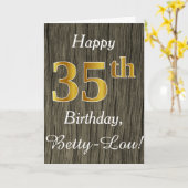 Carte Faux Wood, Faux Gold 35e anniversaire + Nom person (Fleur jaune)