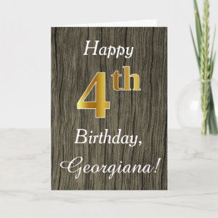 Carte Faux Wood, Faux Gold 4e anniversaire + Nom personn