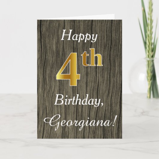 Carte Faux Wood, Faux Gold 4e anniversaire + Nom personn (Devant)