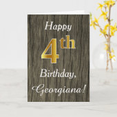 Carte Faux Wood, Faux Gold 4e anniversaire + Nom personn (Fleur jaune)