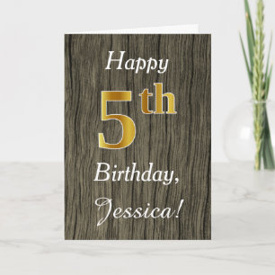 Carte Faux Wood, Faux Gold 5e anniversaire + Nom personn