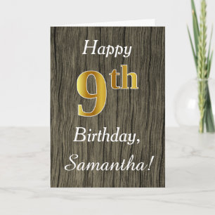 Carte Faux Wood, Faux Gold 9e Anniversaire + Nom personn