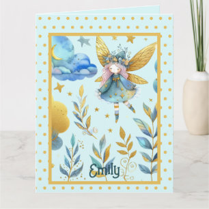Carte Fée Anniversaire Bleu Turquoise Or Rose Princesse 