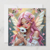 Carte Fée aux cheveux roses et bébé dragon blanc (Devant)