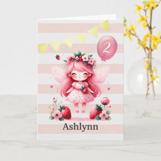 Carte Fée aux fraises roses 2e anniversaire (Fleur jaune)