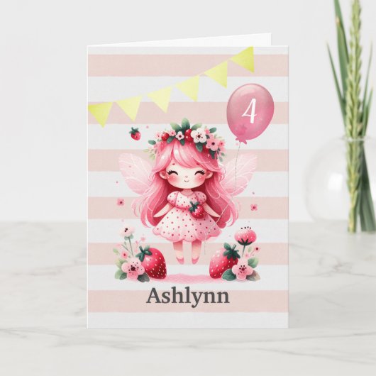 Carte Fée aux fraises roses 4e anniversaire (Devant)