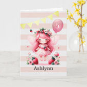 Carte Fée aux fraises roses 5e anniversaire (Fleur jaune)