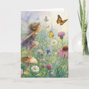 Carte Fée d'anniversaire avec papillons dans un jardin