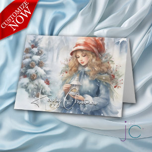 Carte Fée de Noël à lanterne aquarelle pour les fêtes