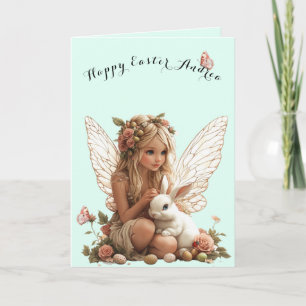 Carte Fée de Pâques Roses roses Lapin blanc Papillons