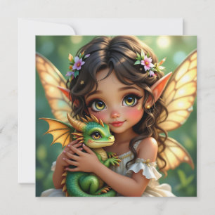 Carte Fée elfe aux yeux marrons et dragon