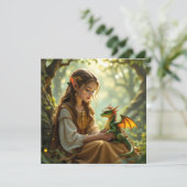 Carte Fée elfe avec dragon dans une forêt enchantée (Debout devant)