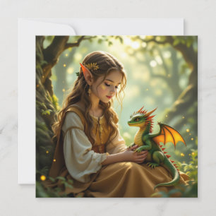 Carte Fée elfe avec dragon dans une forêt enchantée