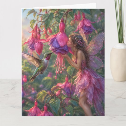 Carte Fée fuchsia avec colibri (Devant)