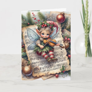 Carte Fée Pixie de Noël jouant du violon