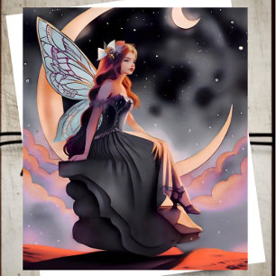 Carte Fée Red Hair Watercolor Lune