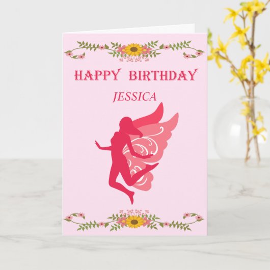 Carte Fée rose Joyeux anniversaire (Fleur jaune)
