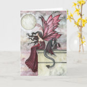 Carte féerique rouge de dragon par l'aquarium (Fleur jaune)