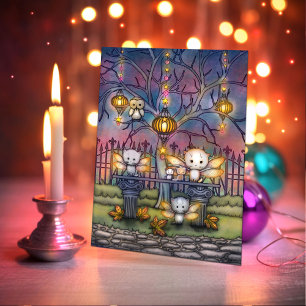 Carte Fées de chat par une nuit d'automne - Art mignon