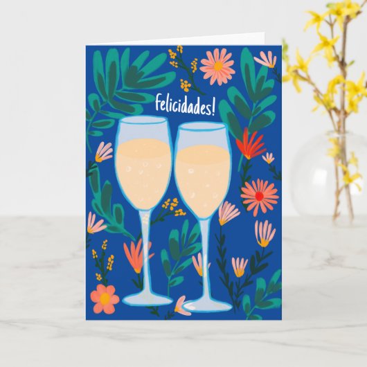 Carte Felicidades Champagne au vin pétillant Salutations (Fleur jaune)