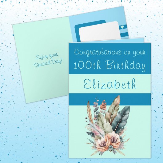 Carte Félicitations 100e anniversaire floral bleu vert