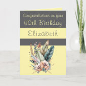 Carte Félicitations 90e anniversaire floral gris jaune (Devant)