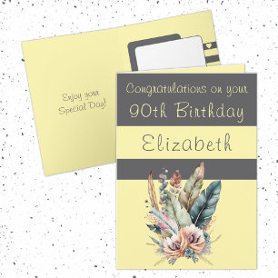 Carte Félicitations 90e anniversaire floral gris jaune