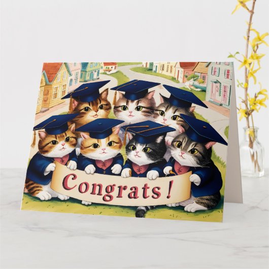 Carte Félicitations à l'obtention du diplôme de chat (Fleur jaune)