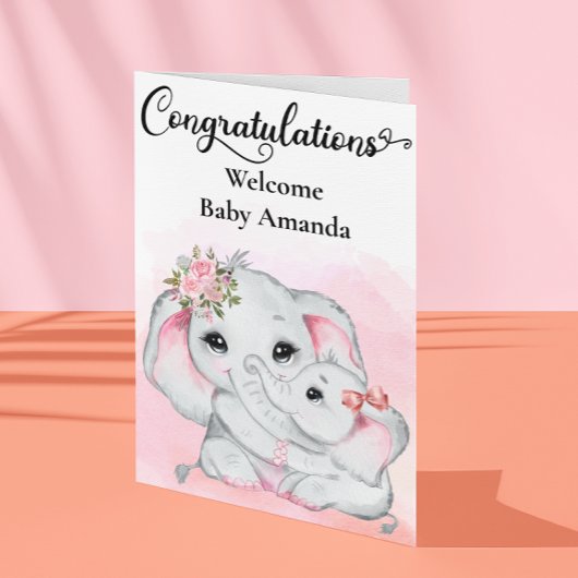 Carte Félicitations à Mère Bébé Eléphant Rose Cute