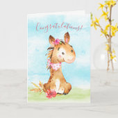 Carte Félicitations au Cheval de fille d'aquarelle (Fleur jaune)