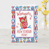 Carte Félicitations au nouveau cousin, chouettes (Fleur jaune)