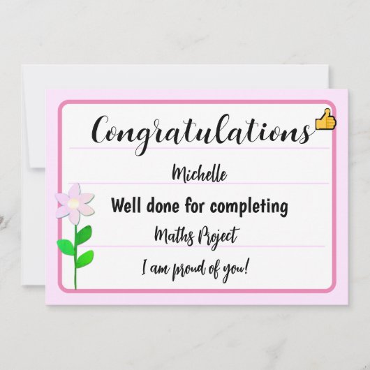 Carte Félicitations avec Fleur Rose (Devant)