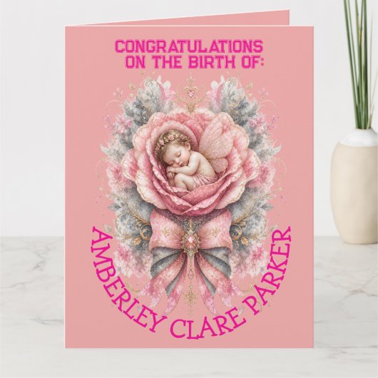 Carte Félicitations Bébé Fée fille Rose Rose Naissance (Devant)