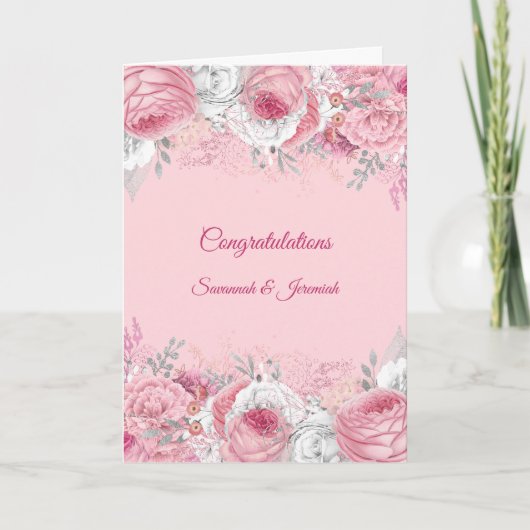 Carte Félicitations de mariage florales rose argent chic (Devant)