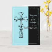 Carte Félicitations d'Ordination Croix sur Bleu et Noir (Fleur jaune)