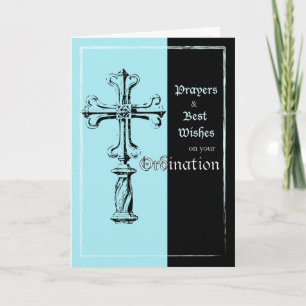 Carte Félicitations d'Ordination Croix sur Bleu et Noir