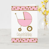 Carte Félicitations Fille Bébé - Poussette Rose (Fleur jaune)