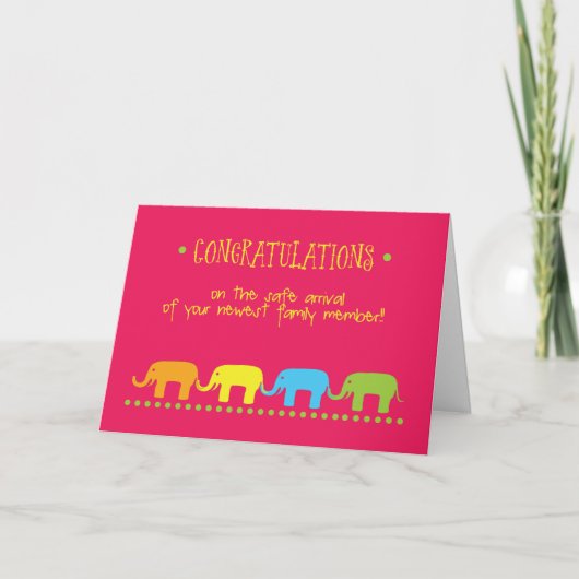Carte Félicitations Fille Bébé, Rose, Eléphants Verts (Devant)