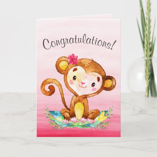 Carte Félicitations Fille Singe Aquarelle (Devant)