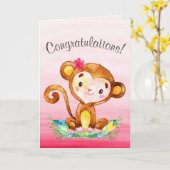 Carte Félicitations Fille Singe Aquarelle (Fleur jaune)