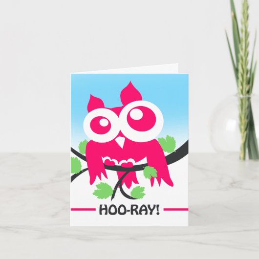 Carte Félicitations Hoo ray Cute Pink Owl à Branche (Devant)