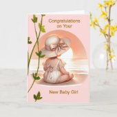 Carte Félicitations Nouvelle Bébée Fille en Pêche (Fleur jaune)